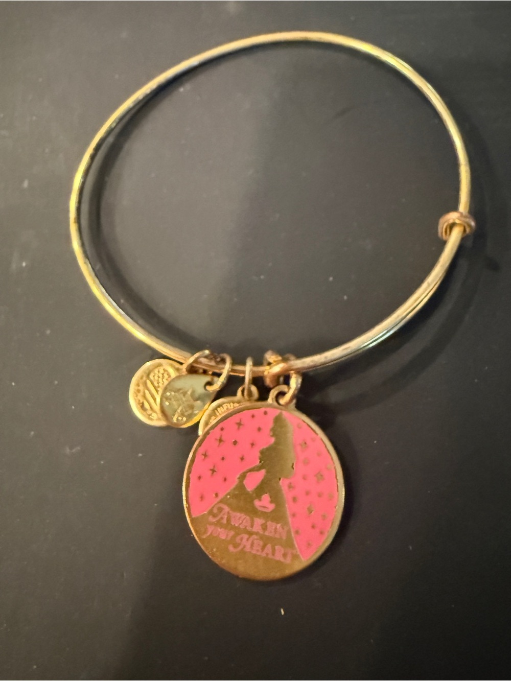 Alex and Ani Gold-Tone Bangle with Pink Enamel Princess Charm